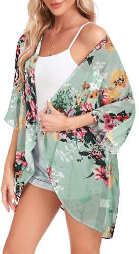 Womens Tops Floral Print Open Front Kimono Cardigan Casual Bikini Cover Up(Mint,XL)