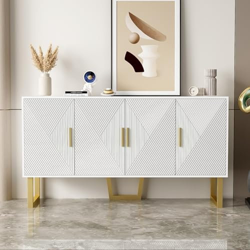 Aoskem Sideboard Weiss Kommode mit Stauraum 4 Strukturierten Türen, 150x40x82cm Buffetschrank Küchenschrank Komodenschrank Schließfach Wohnzimmer Möbel Standschrank Anrichte Hochschrank Esszimmer Weiß