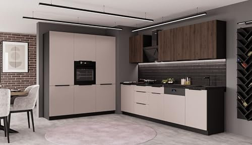 Küche Arona + Monza 280 + 180 cm Küchenzeile Küchenblock Einbauküche Kaschmir beige matt + Nußbaum + Schwarz matt