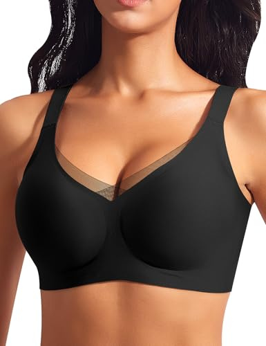 Ganado Sujetador sin Aros Encaje Sujetadores Mujer sin Costuras Push Up Relleno Bralette Comodos, Negro, XXL