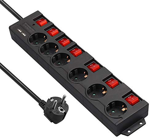 DEWENWILS Steckdosenleiste Einzeln Schaltbar, 6Fach Steckdosenleiste mit Schalter, Mehrfachsteckdosen mit Kindersicherung, 90° Gedreht, 2M, Schwarz