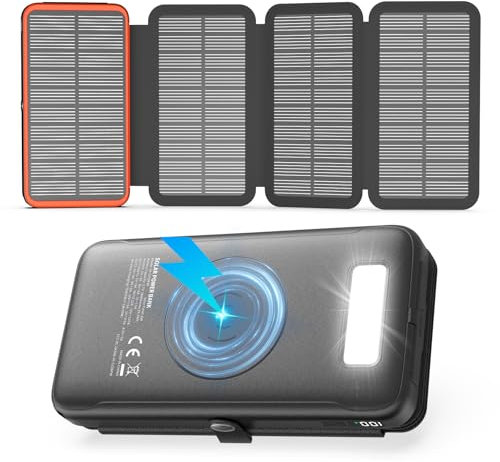 Cargador-Solar-Power-Bank-27000mAh - 22,5W Carga Rápida USB-C Batería Externa Inalámbrica con 3 Salidas USB PD 4.0 QC 3.0 y 4 Paneles Solares para Smartphones Tablets