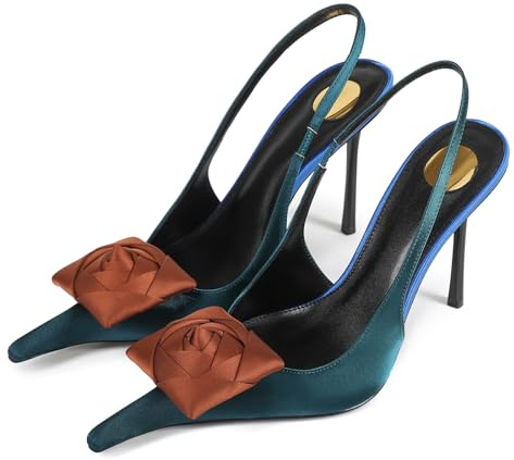 CAGLGLZ Flower High Heels for Women Closed Pointed Toe Stilettos Heel Pumps Slip On Elastic Ankle Strap Slingbacks Fashion Party Dressy Ladies Sandals Shoes, Green, 7 UK