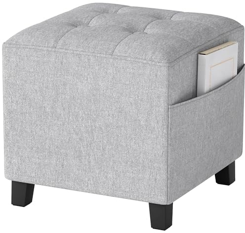 HOMCOM Square Footstool, Small Ottoman with Side Pocket, Linen Fabric Footrest Foot Stool with Rubber Wood Legs and Padded Seat for Living Room, Bedroom, Entryway, 35 x 35 x 35cm, Light Grey