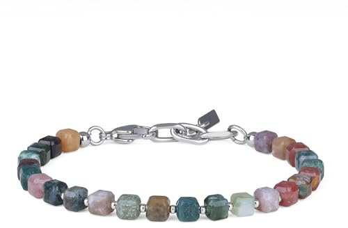 COAI Bracciale da Uomo in Agata Indiana e Acciaio Inox, Bracciale di Perline Quadrate di Pietre Dure da Uomo