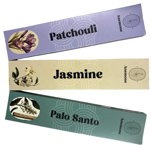 Anemone Encens – 100% Naturel et Fait Main – Combustion Douce et Longue – Parfum Frais, Purifiant et Non Toxique - Pack de 3 boîtes (Patchouli, Jasmin, Palo Santo)