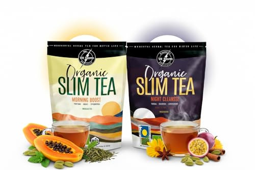 Slim Tea Morning & Night – Tisane Detox foie | Assortiment Thé et infusions Bio en Vrac 2×100 g | Thé Vert, Maté, Rooibos, Guarana & Cardamome | Ventre Plat | Idée Cadeau Femme & Homme | VITSTORM