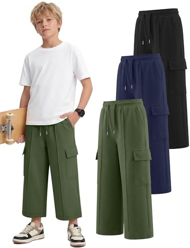 Langyiwee 3 Pack Boys Capri Cargo Pants Drawstring Elastic Waisted Teens Crop Pants Pull On Basic Casual Capris with Pockets(Army Green, Navy Blue, Black,13-14 Years)