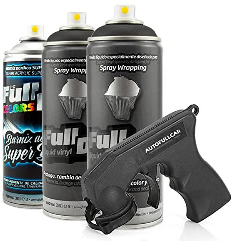 AutoFullCar - PACK 3 SPRAYS FULL DIP NEGRO BRILLO - 2 SPRAYS NEGRO + 1 BARNIZ ACABADO BRILLO DE ACABADO RESISTENTE - 400 ml. Unidad