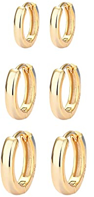 3 Pares Pendientes de Aro Oro Pequeños y Sencillos - Chapado en Oro 24 Quilates, Aguja Plata de Ley 925 - Para Niñas, Hombres, Mujeres (9 mm, 11 mm, 13 mm)