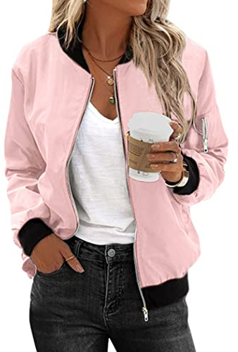 Zeagoo Women's Bomber Jacket Casual Coat Zip Up Spring Fall Clothes with Pockets S-XXL Pink