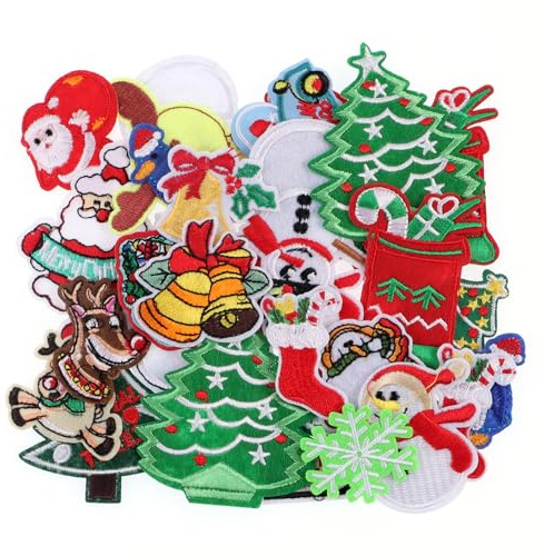 30Pcs Christmas Iron on Patches Xmas Embroidered Sew Applique Repair Patch for Clothing Backpack Craft Sweater Stocking DIY Decorations