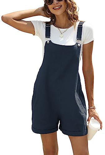 Ailoqing Womens Cotton Linen Short Overalls Casual Summer Bib Shortalls Rompers with Pockets(Navy-XXL)