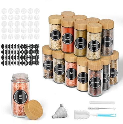 FRIBERG 24 tarros redondos de botes especias cristal Con tapa de madera,120 ml,especias para cocinar,con etiquetas,bolígrafos,cepillo de limpieza,embudo y colador