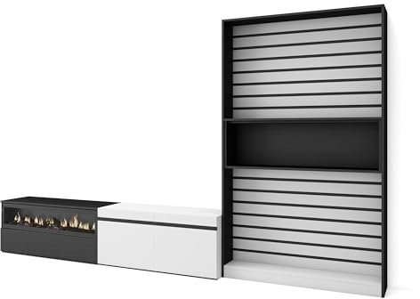 Skraut Home | Ensemble Meuble TV | Meuble Salon Complet | 310x186x35cm | pour Les TV jusqu'à 80 | Cheminée électrique | Style Moderne | Blanc et Noir