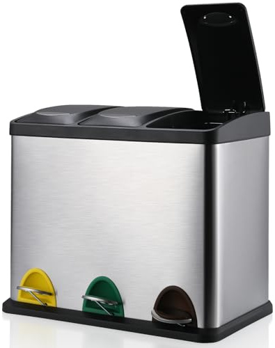 LIFERUN Cubo de basura con 3 compartimentos, 3 x 8 L, sistema de separación de basura, cubo de basura de cocina de 24 litros, pequeño cubo de acero inoxidable con tapa, 3 cubos interiores extraíbles