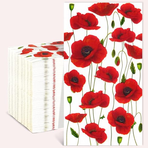 Homlouue 100PCS Red Poppies Floral Napkins, 3 Ply Guest Towels Disposable Bathroom, Floral Paper Napkins Disposable, Flower Party Paper Napkins Decorative for Spring Summer Fall Decorations