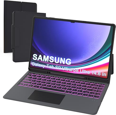 VANKEYPAD Étui Clavier pour Samsung Galaxy Tab S10 Ultra/S9 Ultra/S8 Ultra 14.6 - 7 Couleurs Rétroéclairées Tablette Coque sans Fil avec Pavé Tactile - Tab S9 Ultra AZERTY Français Clavier, Noir