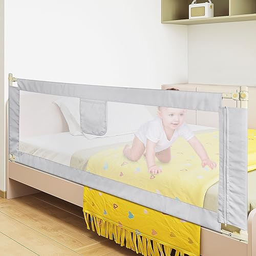 OHMG Sängräcke, säkerhetsgaller för barn, säkerhetsgaller för säng, höjdjusterbar, bärbar, sänggaller, vertikal lyft, säkerhetsgaller mot (1,5 m, grått klar)