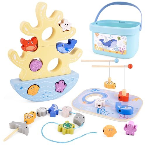 3 in 1 Kinder Holz Ausgewogenes Stapelspielzeug Montessori Spielzeug ab 3 4 5 Jahre, mit Gleichgewichtsspiel, Magnet Angelspiel, Fädelspiel, Weihnachten Geburtstag Geschenke für Junge Mädchen 3-4