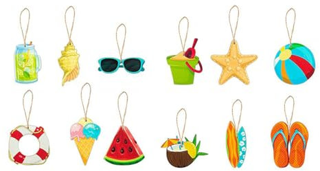 Summer Decorations Hanging Wooden Ornaments for Tree, 12pcs Hawaiian Luau Party Decorations Hanging Pendants with String, Hawaiian Tropical Summer Beach Party Decoration Supplies