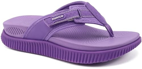 KuaiLu Womens Orthotic Flip Flops with Arch Support Plantar Fasciitis Walking Sandals For Women Ladies Leather Athletic Thick Cushion Recovery Sandals Slip On Indoor Outdoor Summer Casual Purple UK 5