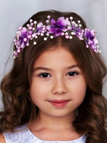 IYOU Fascia per Capelli da Sposa Floreale Viola Perla Copricapo Stella Fatto a Mano Compleanno Comunione Accessori Capelli per Bambina