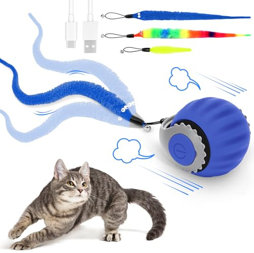 RuiDay Palla Interattiva per Gatti, Pallina Gatto Automatica, Giochi per Gatti Interattivi, Giochi per Gattis, 3 Modalità di Lavoro, Coda Sostituibile (Blu)