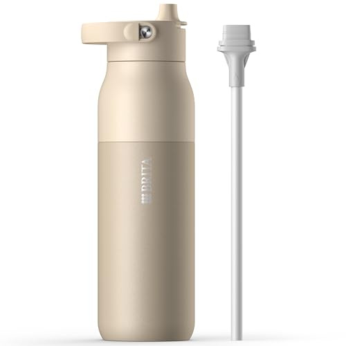 BRITA LARQ Essential Trinkflasche mit Strohhalm (1L) beige - Edelstahl Wasser-Flasche, doppelwandige Isolierung (24h kalt), mit abnehmbarem Soft-Touch Henkel, spülmaschinengeeignet