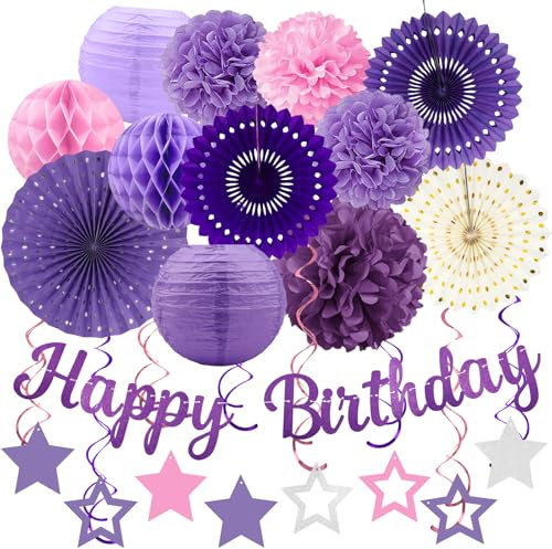 Decorazioni per feste di compleanno viola – 29 pezzi lavanda-rosa lilla decorazioni per feste per donne e ragazze, striscioni di carta, lanterne e pompon di carta – ZERODECO​