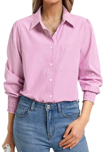 Enmain Camisa Mujer Manga Larga de Rayas Elegante Camisas con Botones Blusa con Cuello V Informal Básica Trabajo Empresa S-4XL