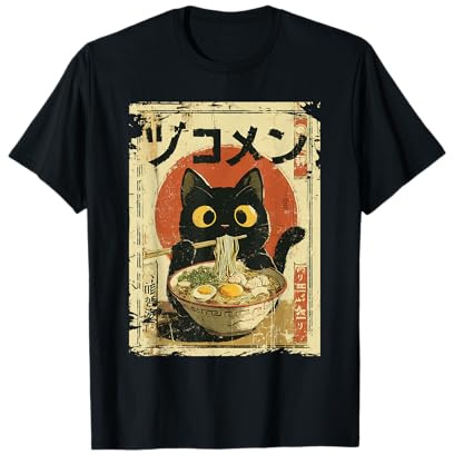 Kawaii Chat Mangeant des Nouilles Ramen drôle Vintage Anime Japonais T-Shirt