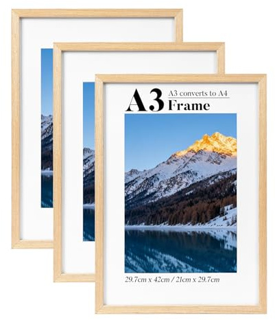 HOUSE DAY Lot de 3 cadres photo A3 en bois massif avec passe-partout A4 - Cadre photo A3 - Pour famille, paysage, animal de compagnie, mariage, 29,7 x 42 cm - À suspendre au mur