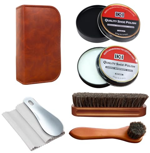IKI Shoe Polish & Shine Kit - 7 PCS Leather Boot Care Kit with Black & Neutral Shoe Polish, 2 Horsehair Shoe Brush, Suede Cloth, Shoe Horn and Storage Bag, Boot Polish Kit for Men & Women