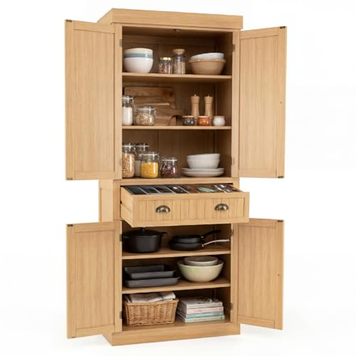 GiantexUK 183cm Tall Kitchen Cupboard, 4-Door Freestanding Pantry Cabinet with Adjustable Shelf, Drawer & Anti-Toppling Device, Wooden Storage Cupboard for Dining Room (without Door Racks, Natural) | 4-Door Freestanding Pantry Cabinet with Adjustable Shelf, Drawer & Anti-Toppling Device, Wooden Storage Cupboard