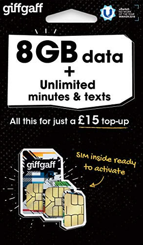 Giff Gaff Sim Card with 8GB Data and Unlimited Minutes and Texts, No Contract (£15.00 Top-Up Upon Activation Required)