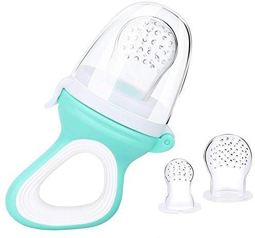 Fruchtsauger für Baby & Kleinkind + 3 Silikon-Sauger in 3 Größen - BPA-frei - Schnuller Beißring für Obst Gemüse Brei Beikost (Blau)