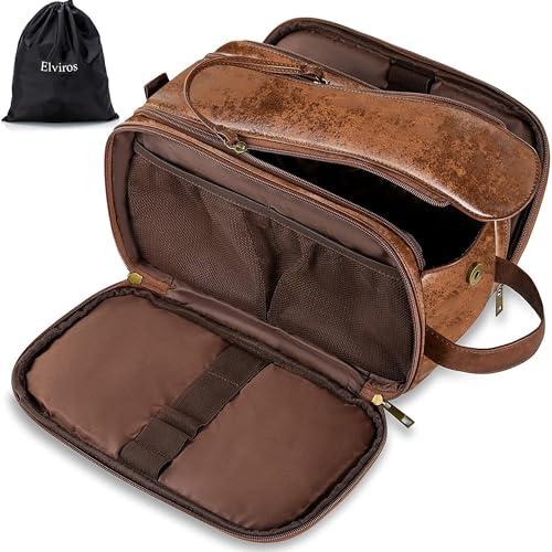 Elviros Kulturbeutel Herren, Geschenke für Männer, PU-Leder Wasserdicht Reise Große Öffnung Kulturbeutel, Geeignet für Reisen, Geschäftsreise, Fitness, Badezimmer, Dunkelbraun, Größe: S