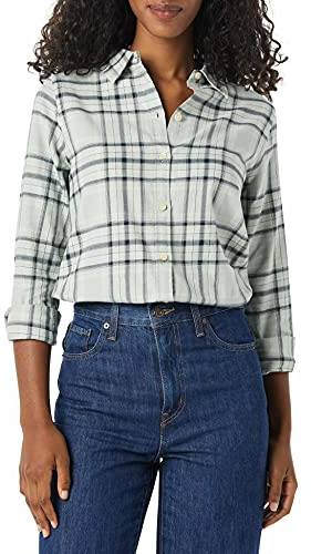 Amazon Essentials Women's Regular-Fit Long-Sleeve Lightweight Plaid Flannel Shirt, Black Grey Plaid, L