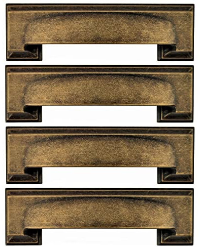 French Furniture Fittings Set of 4 Art Deco Kitchen Cabinet Square Cup Handles 2 Sizes, Cup Handles for Kitchen Cupboard Doors and Drawers, Deep Antique Brass (Distance Between fixings 76 or 96mm)