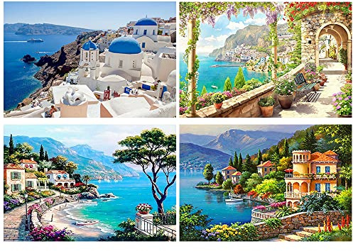 DCIDBEI Set di 4 quadri per diamond painting paesaggi, 40 x 50 cm, pittura con diamanti per spiaggia, pittura con numeri, spiaggia e mare, Diamond Painting Grecia Diamond Puzzle Paesaggio Santonia