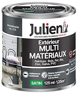 Julien Peinture Multi-Matériaux Satin en phase Aqueuse - Bois, Fer, Alu, PVC, Zinc, Acier galvanisé, brut ou peint - Gris Anthracite 0,125 L