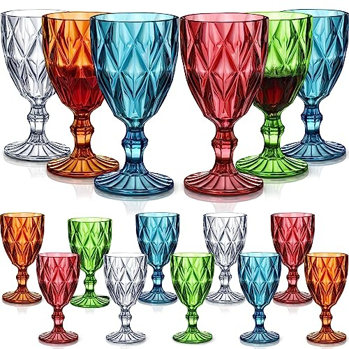 Zhehao 16 Pcs Acrylic Vintage Wine Glasses 12 oz Embossed Pattern Colored Wine Glasses Shatterproof Reusable Drinkware Set Champagne Plastic Goblets Clear Drinking Cups for Wedding Party Bar 5 Colors