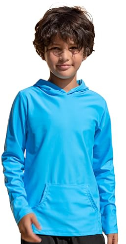TIZAX Barn UV-skjorta långärmad pojkar badtröja med huva snabbtorkande UPF 50+ solskydd rash Guard T-shirt med ficka ålder 4–14, blå, 146-152