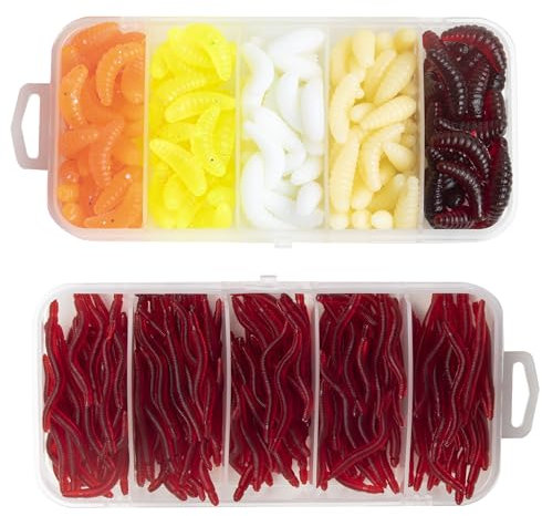 350 Stück Künstliche Köder Wurm Regenwürmer Angelköder Köder Box Set, Künstliche Köder Würmer Fisch Forellenköder Gummi Set für Forelle, Barsch, Hecht (150 Maden + 200 Regenwürmer)