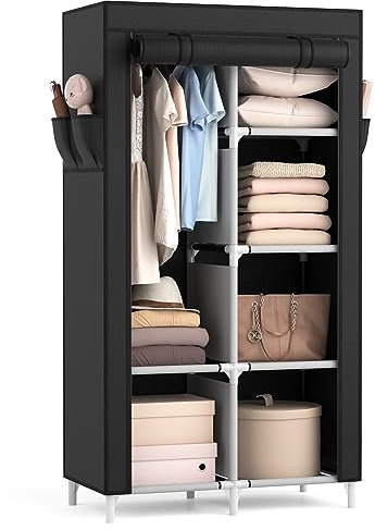 Vicye Armadio in Tessuto, Armadio da Campeggio da 1 Barra Appendiabiti, 6 Ripiani e 4 Tasche Laterali, Guardaroba Armadio Pieghevole per Camera da Letto, 84 x 42 x 162 cm Nero