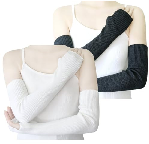 YATANAM Calentadores de muñeca de mezcla de lana, guantes cálidos sin dedos, calentadores de brazos suaves, mangas para escribir para mujer, B-blanco + gris oscuro, 15.7''/40cm