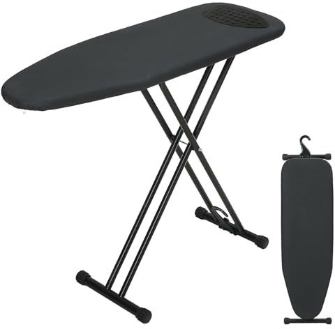Ironing Board 43x13 with Iron Rest, RAINHOL Compact Iron Board Full Size with Thick Cover and Pad, Easy Storage Hanger with Heat-Resistant Silicone Pad, Space Saving and Height Adjustable, Black
