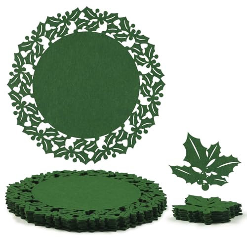 Noctiflorous Round Felt Placemats with Coasters Set of 6 Diameter 13 inch Non Slip Place Mats Heat Resistant Durable Tablemats Fall Table Decorations for Dining Table(Christmas Green, 6)
