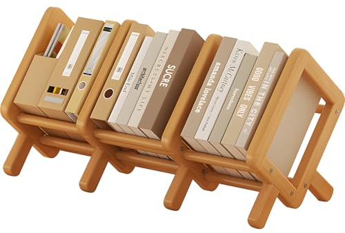 HAUYEST Expandable Book Organizer,Bamboo Desktop Bookshelf, Compact Tabletop Bookshelf for Small Spaces,Desktop Bookcase for Office, Home CDs/Magazine/Cookbook/Books Display (Yellow)